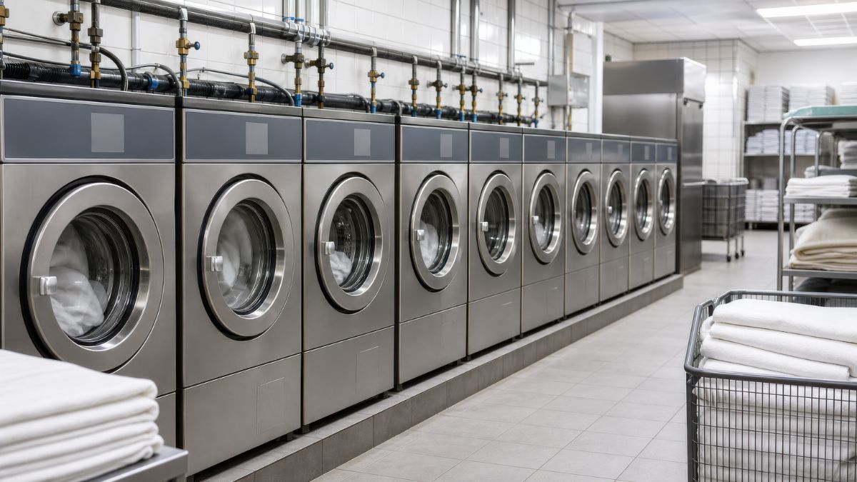 Row of commercial stainless steel dryers in industrial laundry facility with white towels